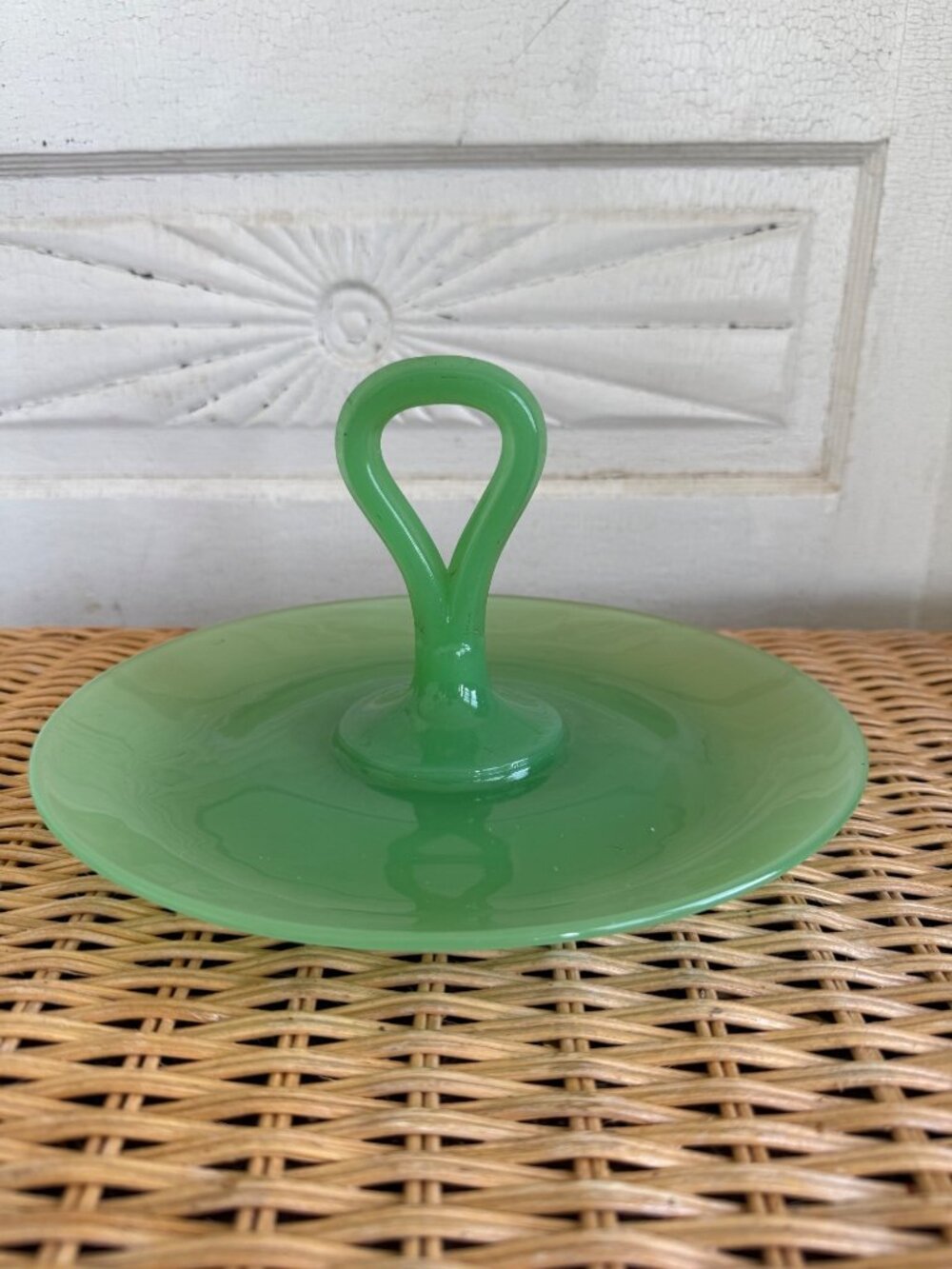 Vintage 30s Green Moonstone Jadite Glass Sandwich Tid bit Handled Tray